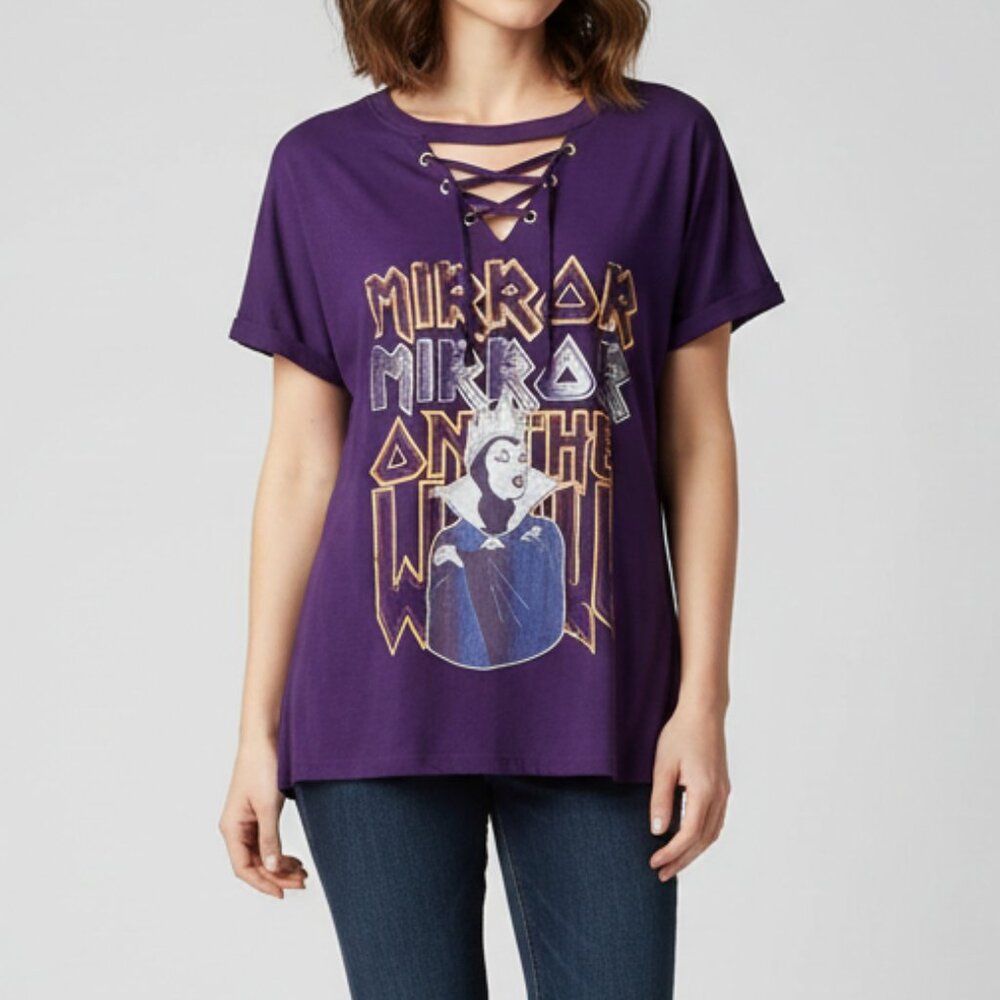 Disney Boutique Women's Evil Queen T-Shirt Purple Lattice Cutout Lace-Up Size L‎